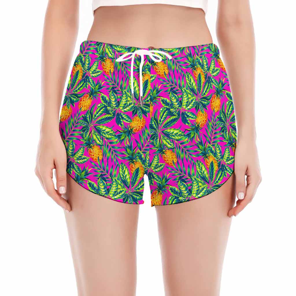 Hot Purple Pineapple Pattern Print Women's Split Running Shorts