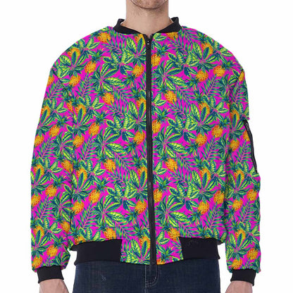 Hot Purple Pineapple Pattern Print Zip Sleeve Bomber Jacket