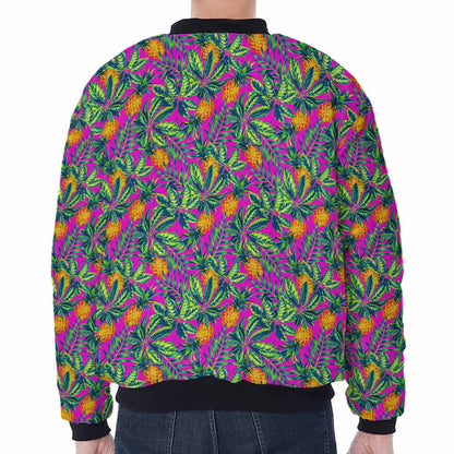 Hot Purple Pineapple Pattern Print Zip Sleeve Bomber Jacket