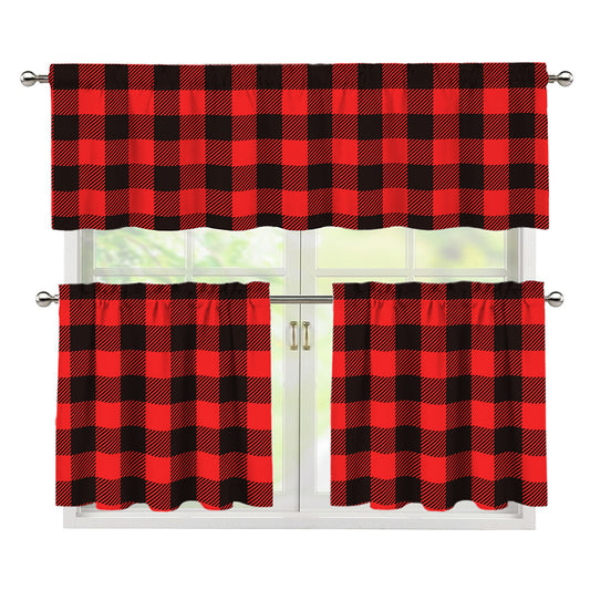 Hot Red Buffalo Plaid Print 3 Piece Kitchen Curtains