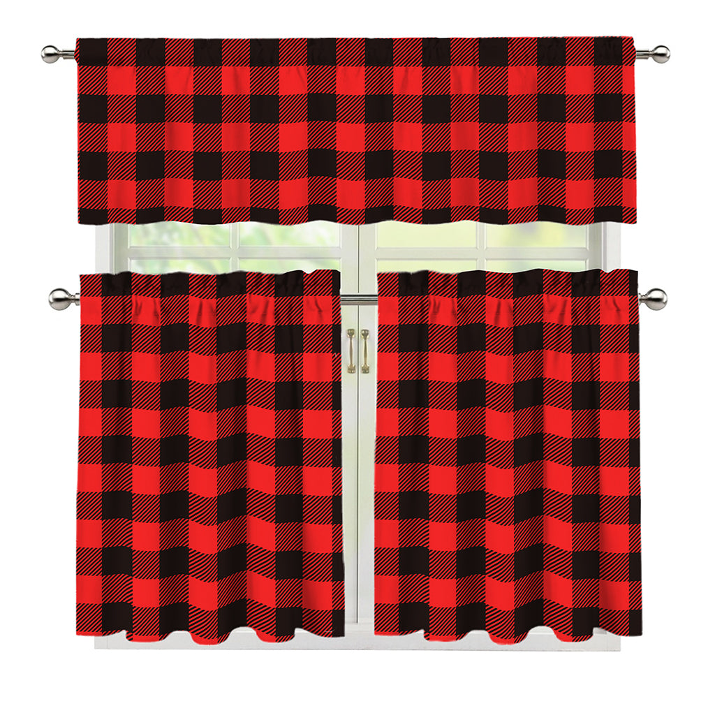 Hot Red Buffalo Plaid Print 3 Piece Kitchen Curtains
