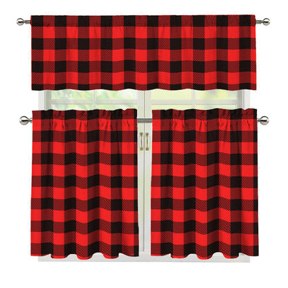 Hot Red Buffalo Plaid Print 3 Piece Kitchen Curtains
