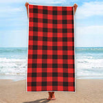 Hot Red Buffalo Plaid Print Beach Towel