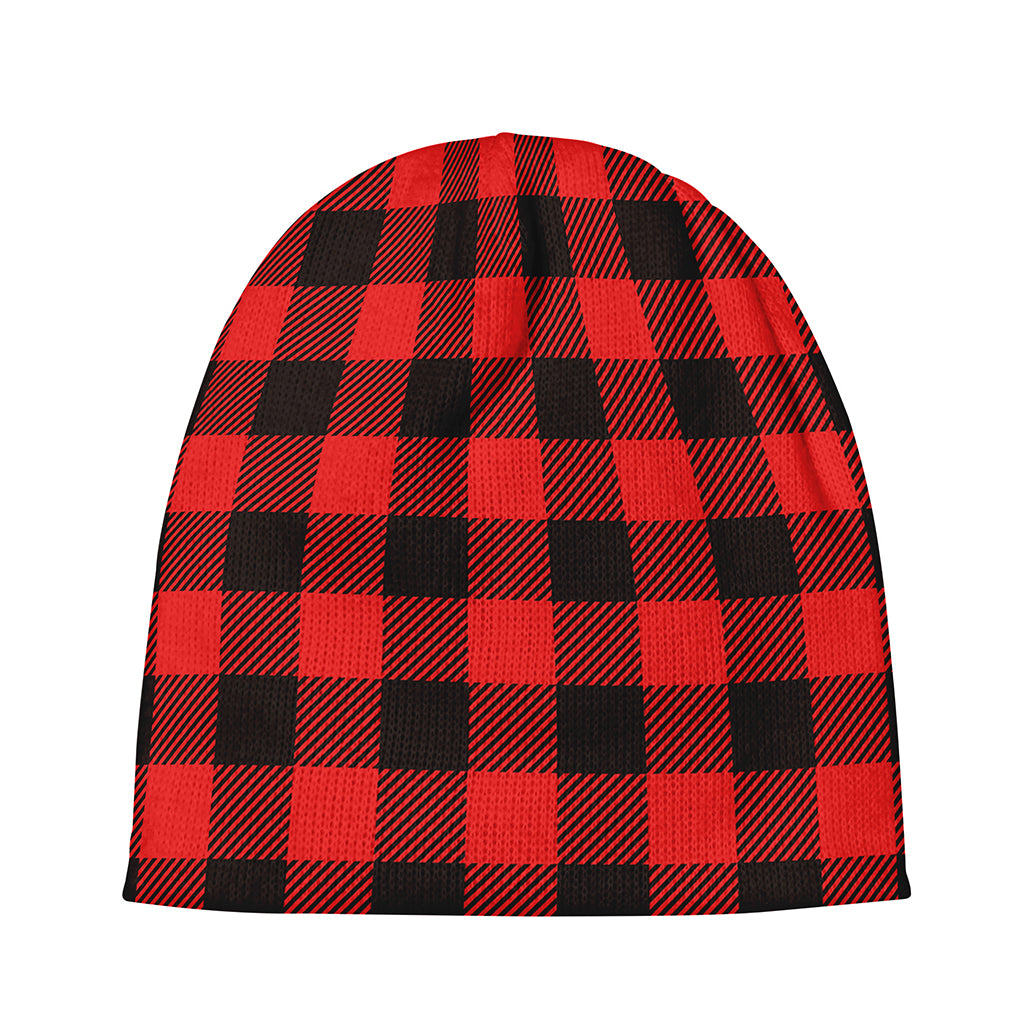 Hot Red Buffalo Plaid Print Beanie