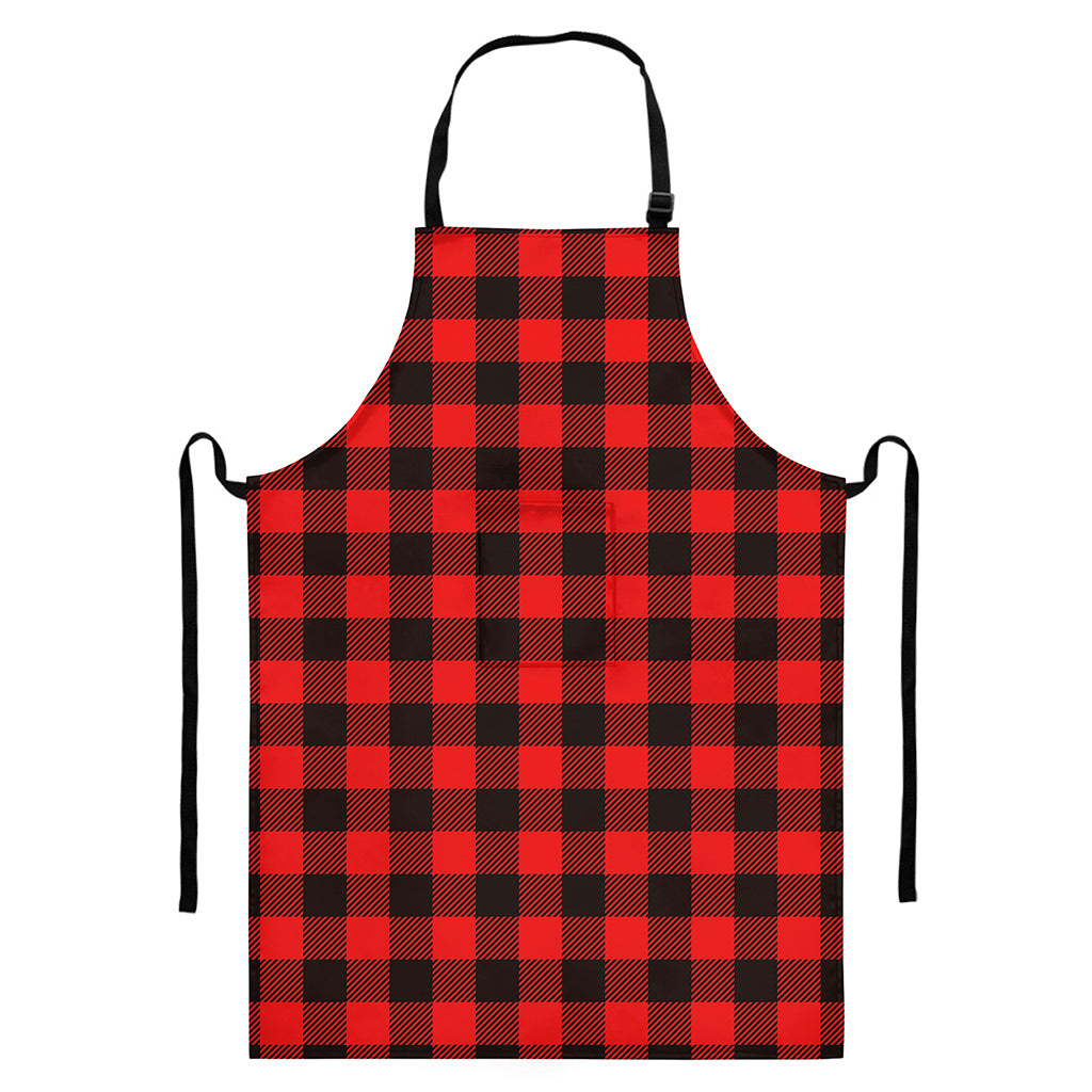 Hot Red Buffalo Plaid Print Bib Apron With Pocket