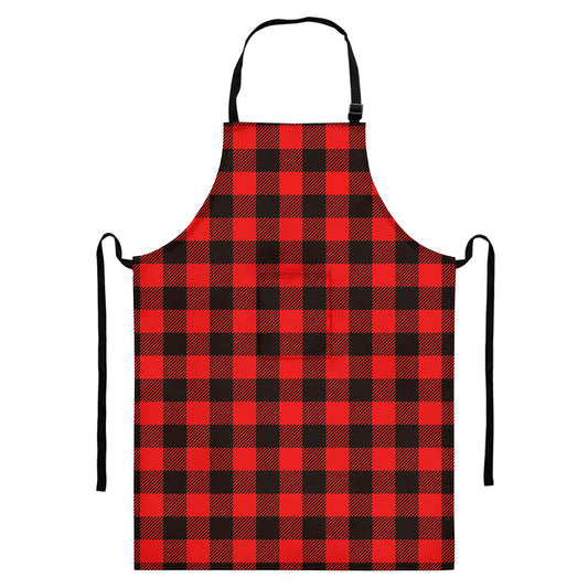 Hot Red Buffalo Plaid Print Bib Apron With Pocket