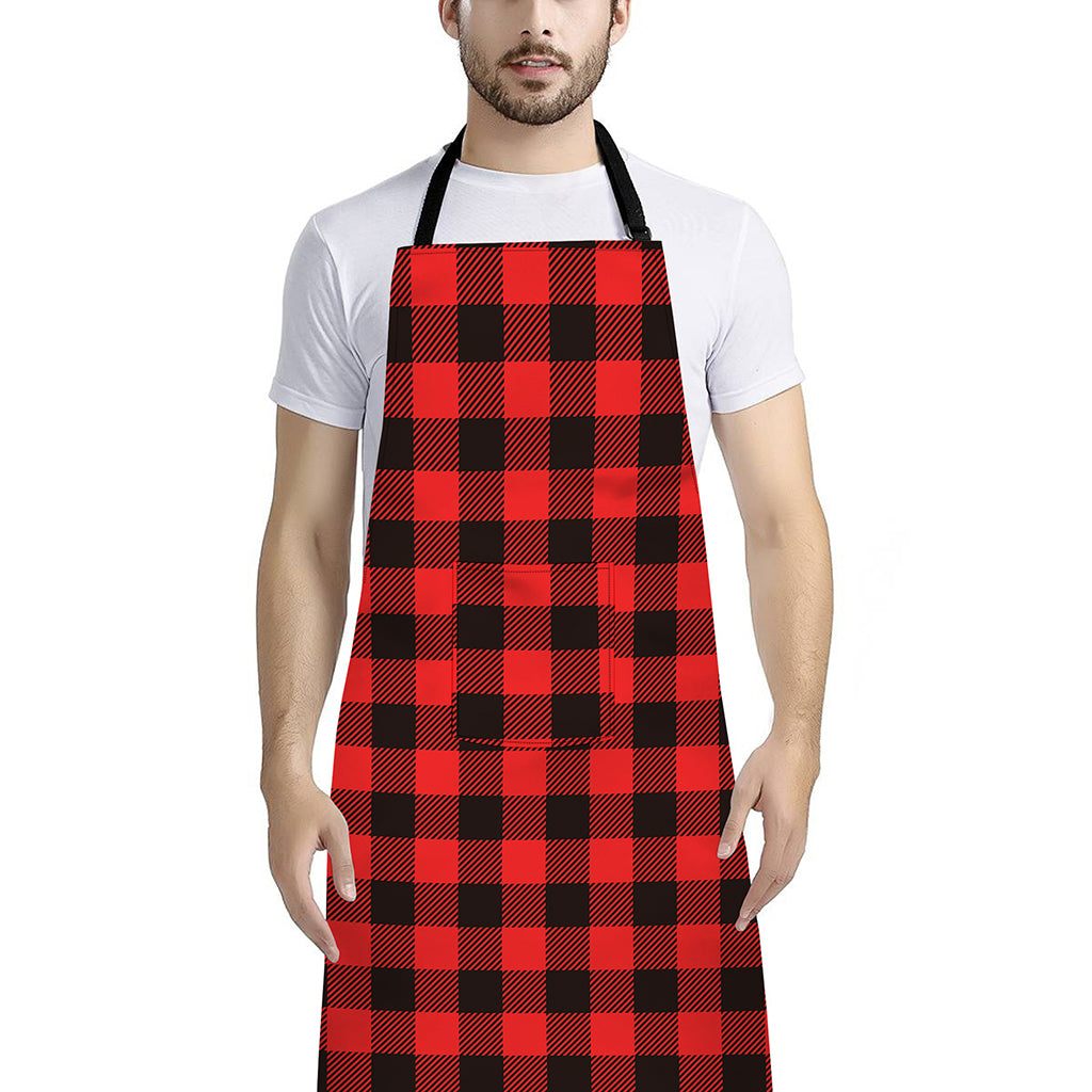 Hot Red Buffalo Plaid Print Bib Apron With Pocket