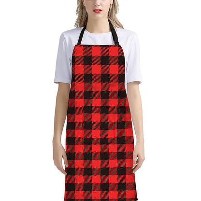 Hot Red Buffalo Plaid Print Bib Apron With Pocket