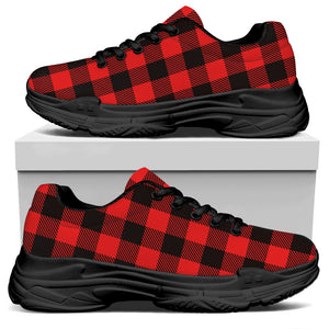 Hot Red Buffalo Plaid Print Black Chunky Shoes