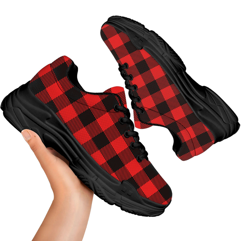 Hot Red Buffalo Plaid Print Black Chunky Shoes