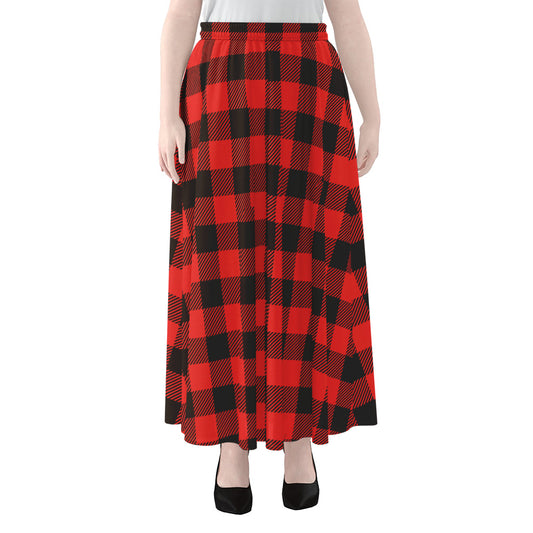 Hot Red Buffalo Plaid Print Chiffon Maxi Skirt