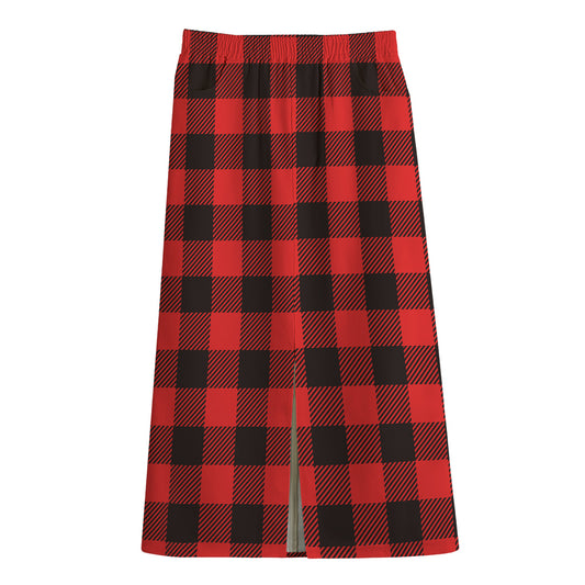 Hot Red Buffalo Plaid Print Cotton Front Slit Maxi Skirt