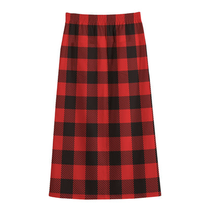 Hot Red Buffalo Plaid Print Cotton Front Slit Maxi Skirt