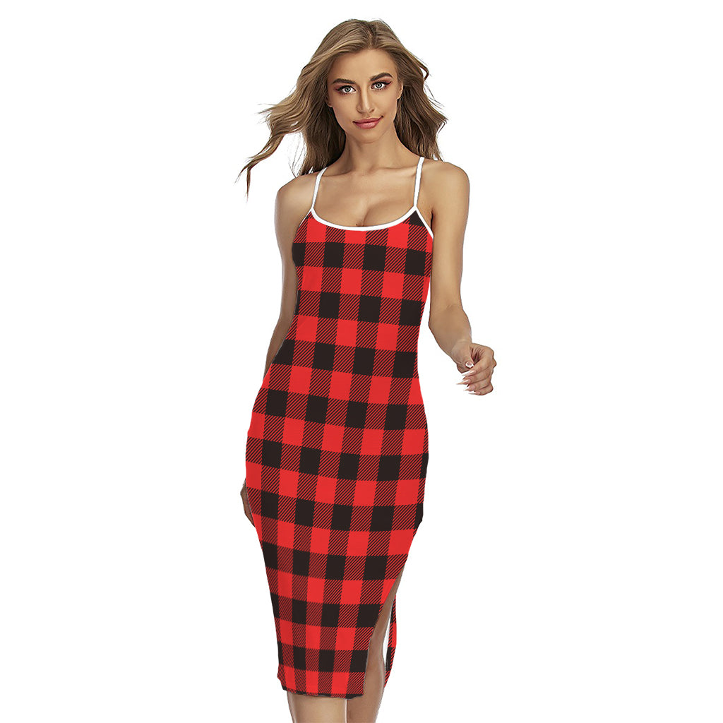 Hot Red Buffalo Plaid Print Cross Back Cami Dress
