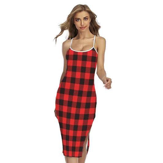 Hot Red Buffalo Plaid Print Cross Back Cami Dress