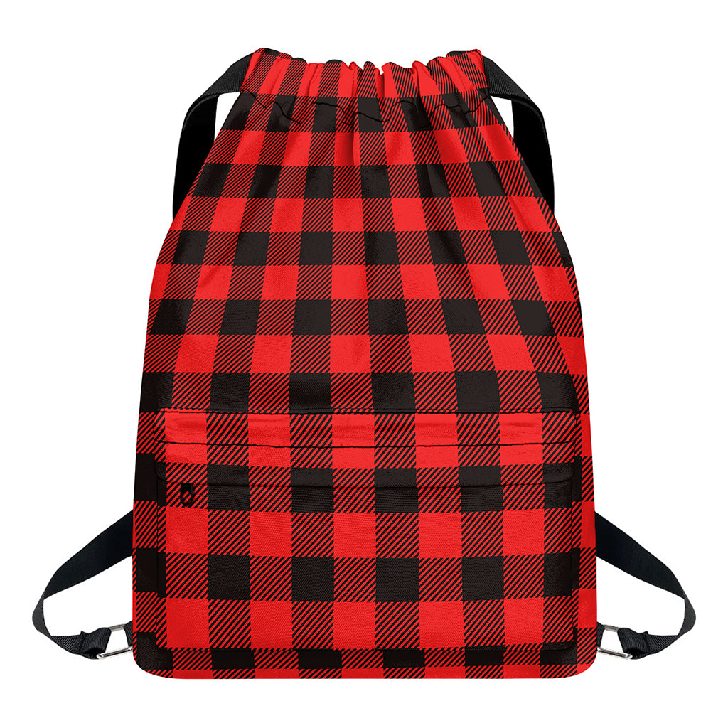 Hot Red Buffalo Plaid Print Drawstring Backpack