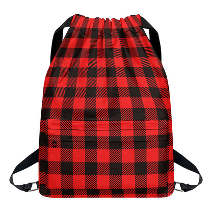Hot Red Buffalo Plaid Print Drawstring Backpack