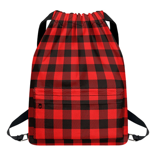 Hot Red Buffalo Plaid Print Drawstring Backpack