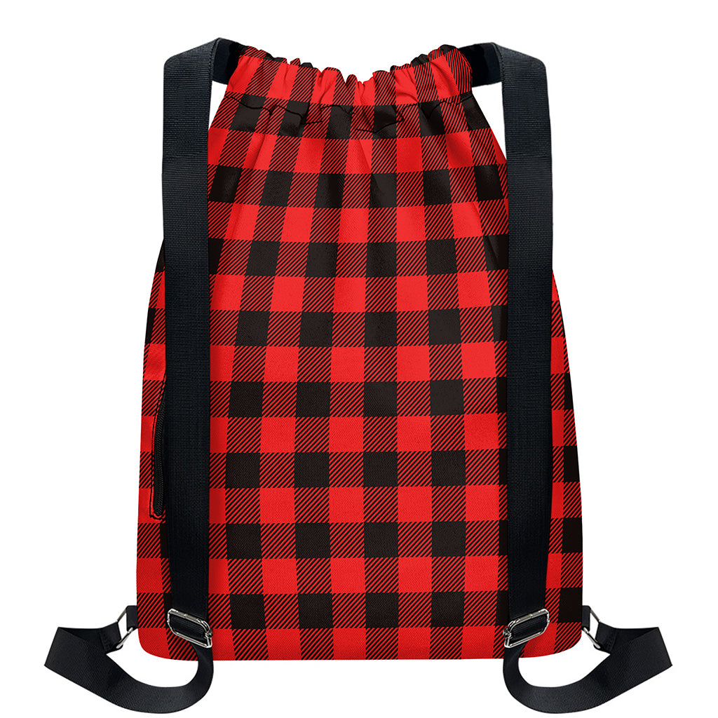 Hot Red Buffalo Plaid Print Drawstring Backpack
