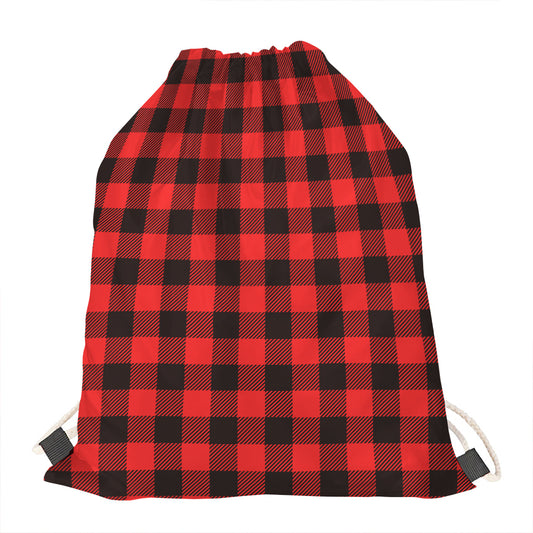 Hot Red Buffalo Plaid Print Drawstring Bag