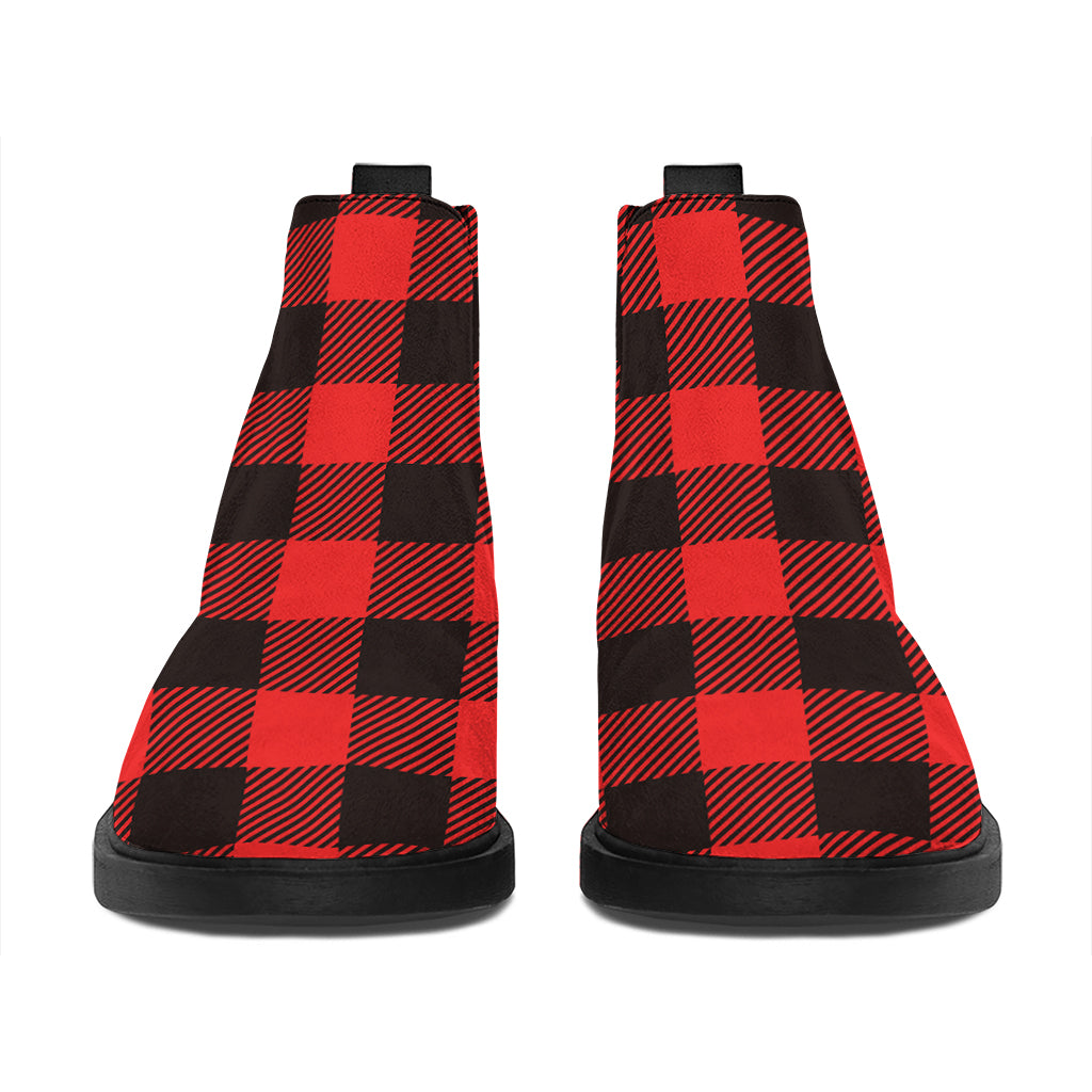 Hot Red Buffalo Plaid Print Flat Ankle Boots