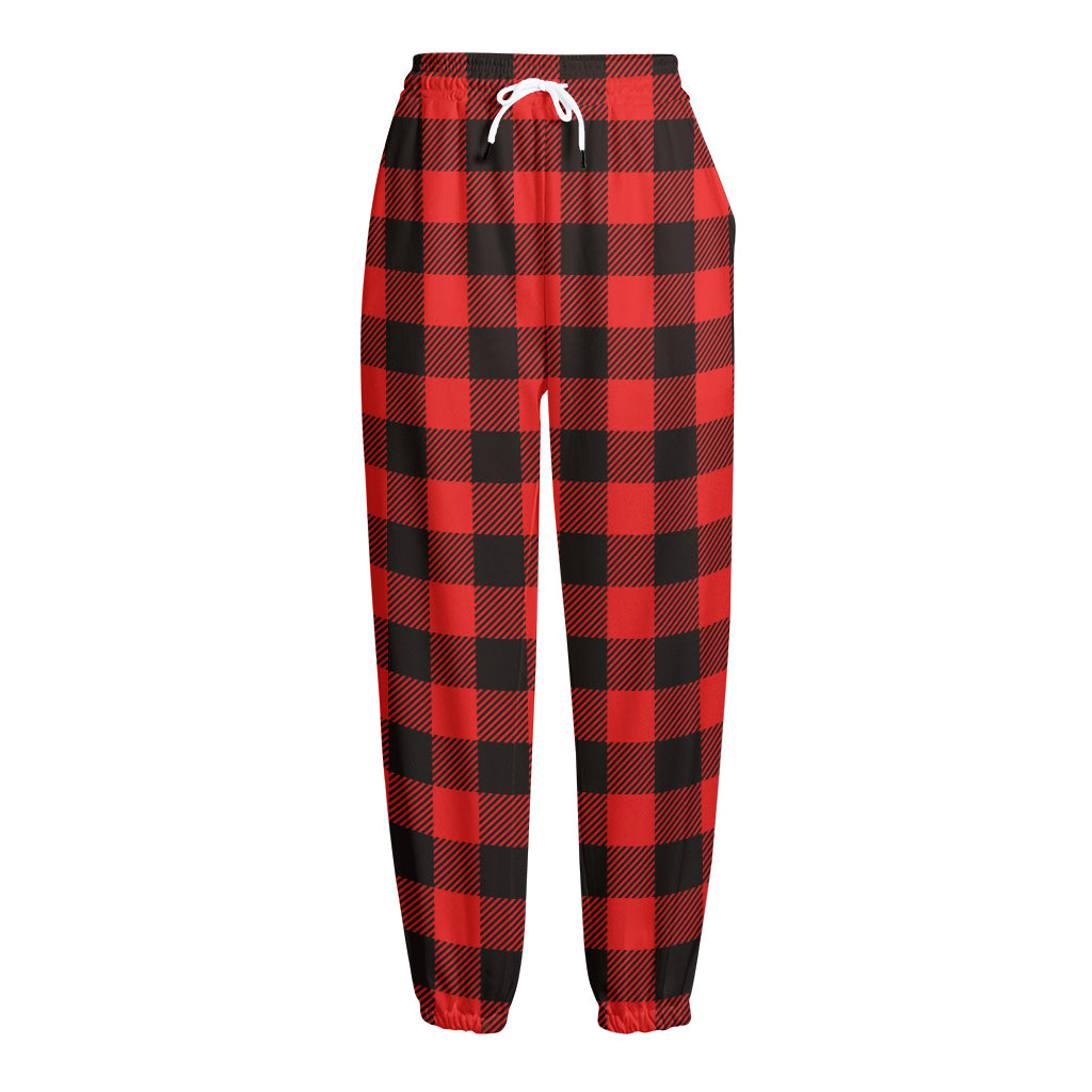 Hot Red Buffalo Plaid Print Fleece Lined Knit Pants