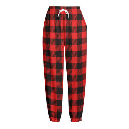 Hot Red Buffalo Plaid Print Fleece Lined Knit Pants