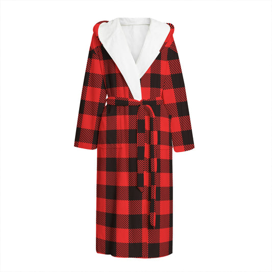Hot Red Buffalo Plaid Print Hooded Bathrobe