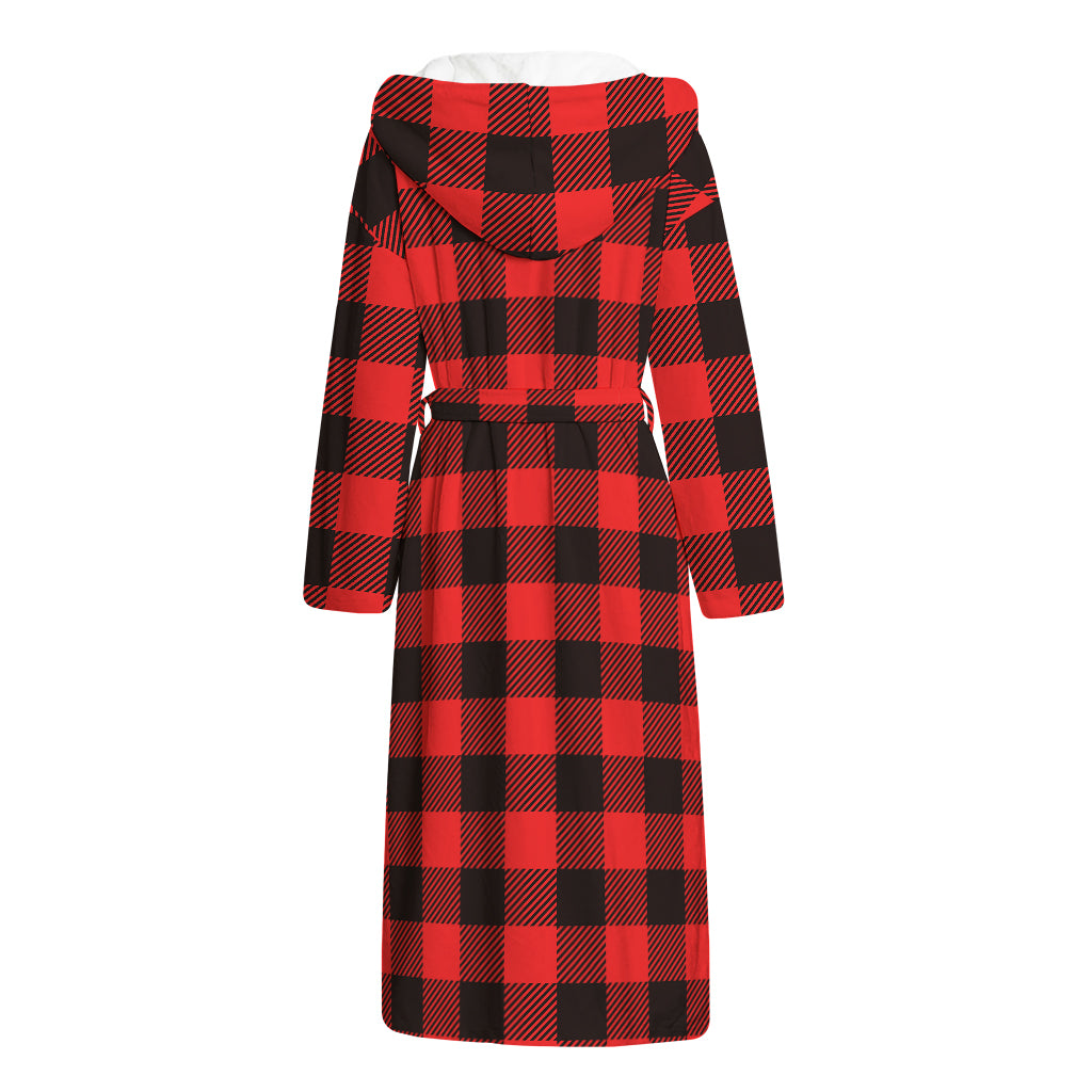 Hot Red Buffalo Plaid Print Hooded Bathrobe