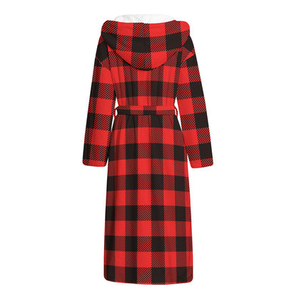 Hot Red Buffalo Plaid Print Hooded Bathrobe