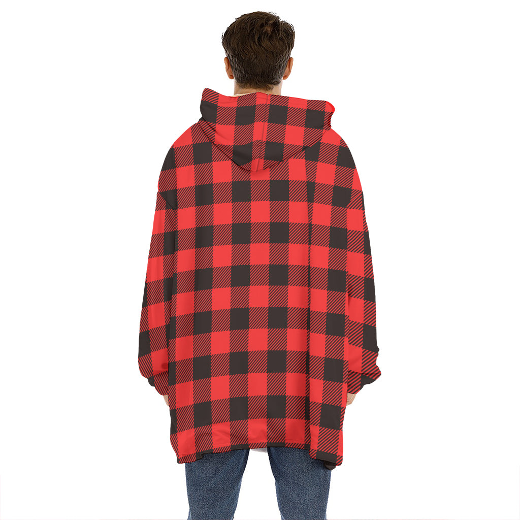 Hot Red Buffalo Plaid Print Hoodie Blanket