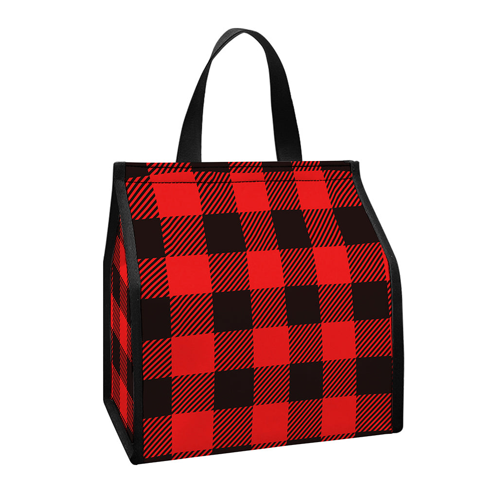 Hot Red Buffalo Plaid Print Insulated Lunch Tote
