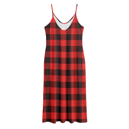 Hot Red Buffalo Plaid Print Jersey Midi Cami Dress