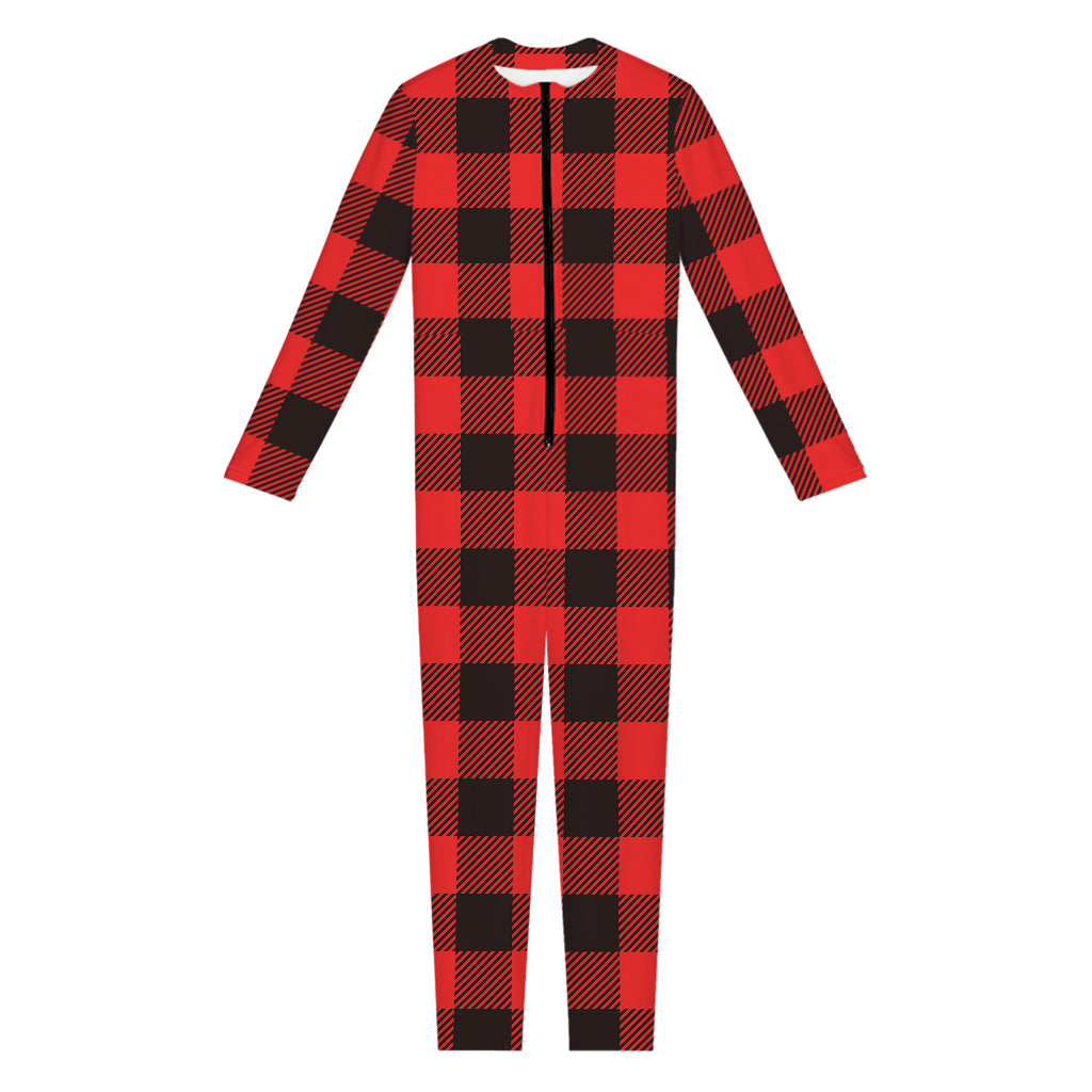 Hot Red Buffalo Plaid Print Jumpsuit