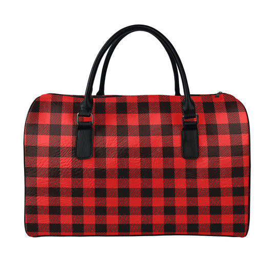 Hot Red Buffalo Plaid Print Leather Duffle Bag