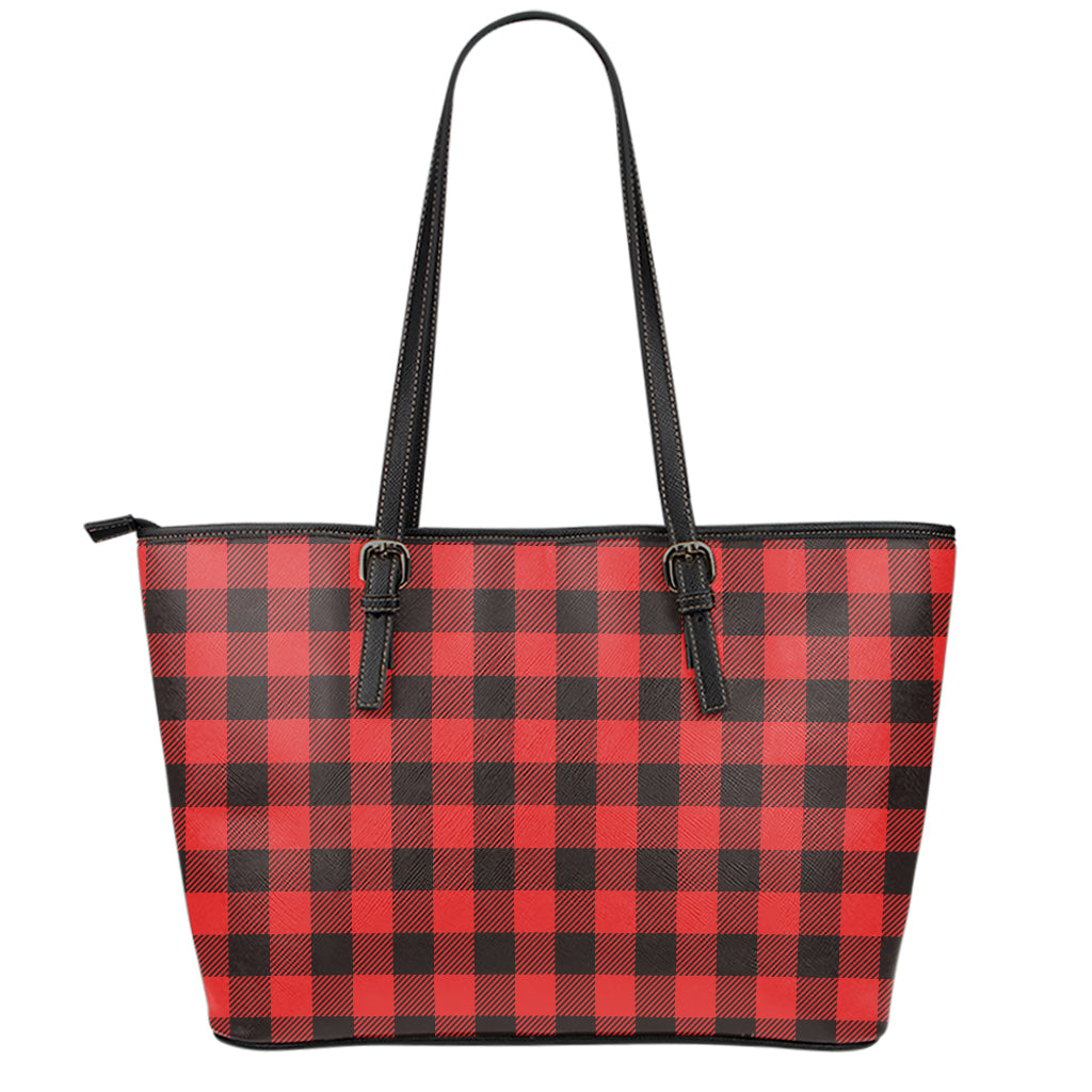 Hot Red Buffalo Plaid Print Leather Tote Bag