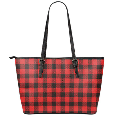 Hot Red Buffalo Plaid Print Leather Tote Bag