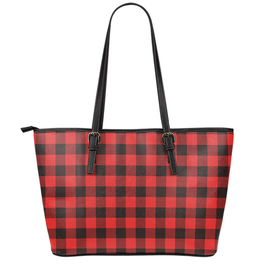 Hot Red Buffalo Plaid Print Leather Tote Bag