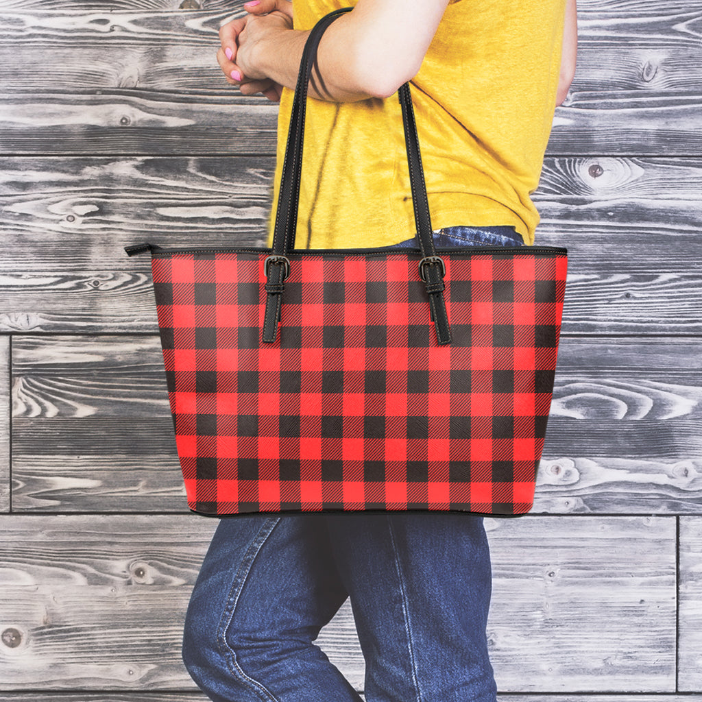 Hot Red Buffalo Plaid Print Leather Tote Bag
