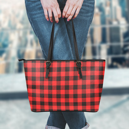 Hot Red Buffalo Plaid Print Leather Tote Bag