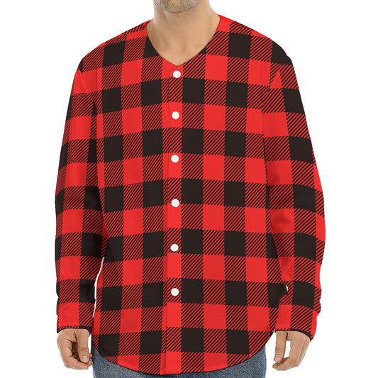 Hot Red Buffalo Plaid Print Long Sleeve Baseball Jersey
