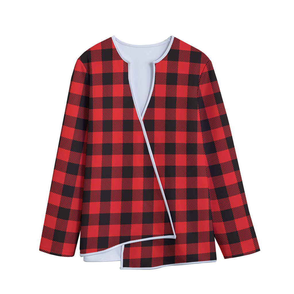 Hot Red Buffalo Plaid Print Long Sleeve Short Coat