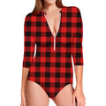 Hot Red Buffalo Plaid Print Long Sleeve Swimsuit