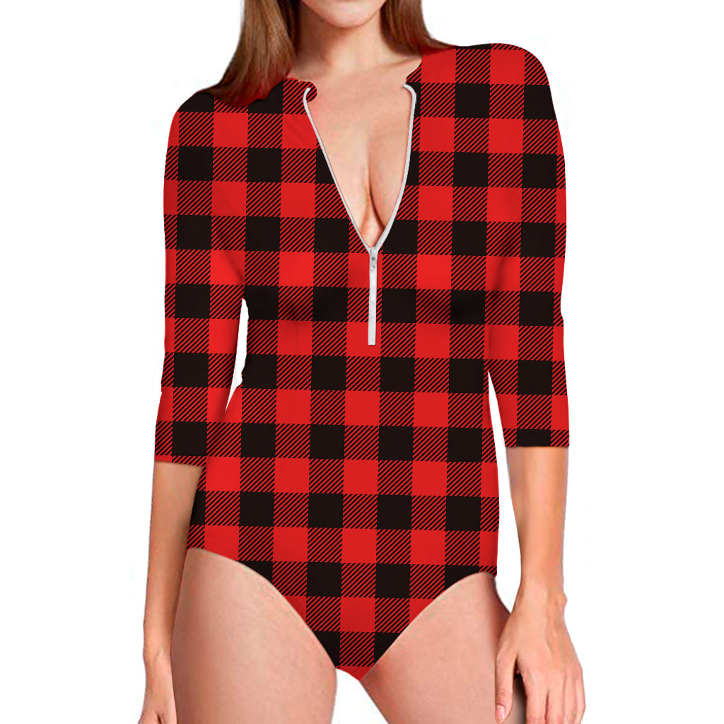 Hot Red Buffalo Plaid Print Long Sleeve Swimsuit