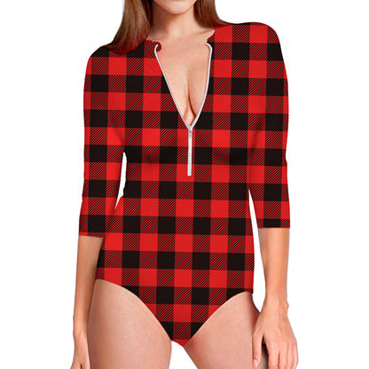 Hot Red Buffalo Plaid Print Long Sleeve Swimsuit