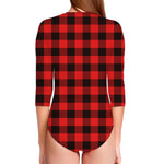 Hot Red Buffalo Plaid Print Long Sleeve Swimsuit