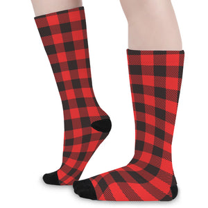 Hot Red Buffalo Plaid Print Long Socks