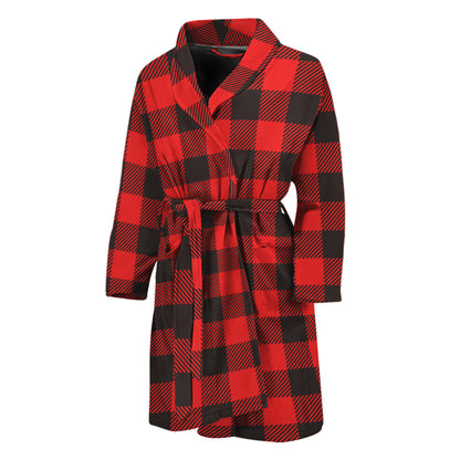 Hot Red Buffalo Plaid Print Men's Bathrobe