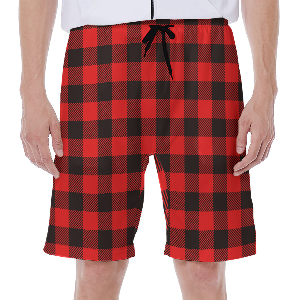 Hot Red Buffalo Plaid Print Men's Beach Shorts