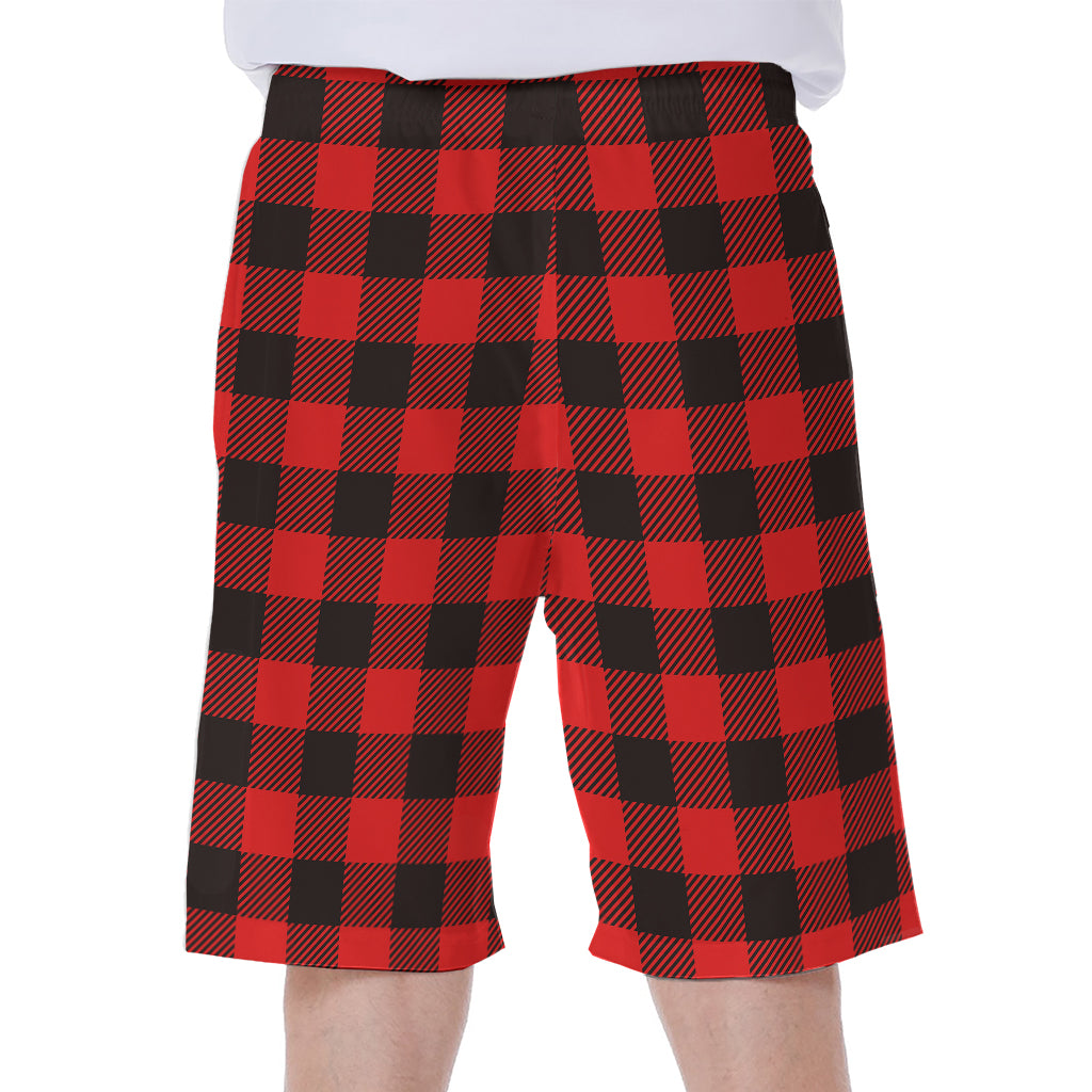 Hot Red Buffalo Plaid Print Men's Beach Shorts